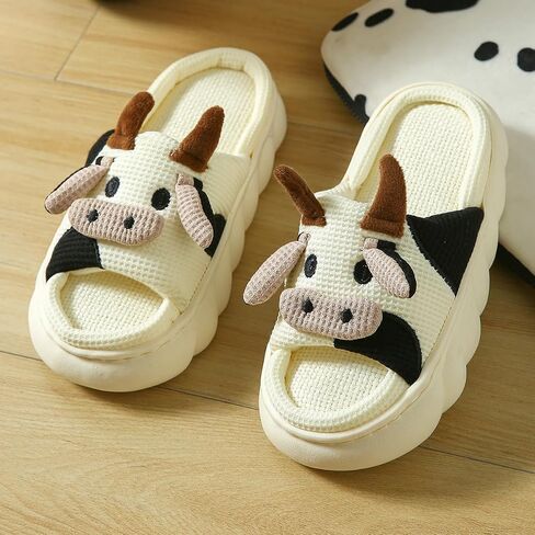 Fuzzy Cow Slippers for Women, Soft Animal House Slippers in Kuwait