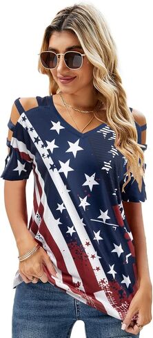 FAYALEQ USA Flag Shirt Women Off The Shoulder Top American Flag Tee 4th of July Patriotic Tees Distressed Star Stripes Shirts in Saudi Arabia