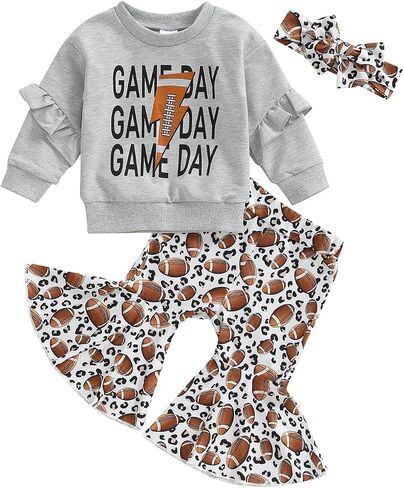 Rtnnsbbfcm Toddler Baby Girl Football Outfit Long Sleeve Letter Sweatshirt Top Football Bell Bottoms Headband 3Pcs Set in Saudi Arabia