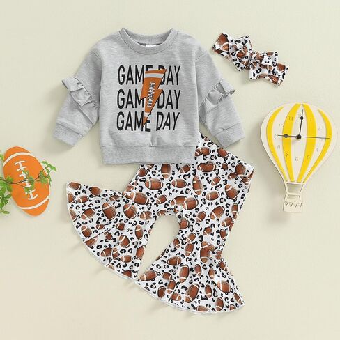 Rtnnsbbfcm Toddler Baby Girl Football Outfit Long Sleeve Letter Sweatshirt Top Football Bell Bottoms Headband 3Pcs Set in Saudi Arabia