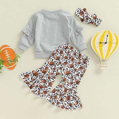 Rtnnsbbfcm Toddler Baby Girl Football Outfit Long Sleeve Letter Sweatshirt Top Football Bell Bottoms Headband 3Pcs Set in Saudi Arabia