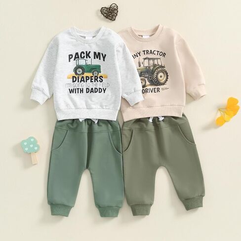 Toddler Baby Boys Tractor Clothes Letter Truck Print Farm Sweatshirt Long Jogger Pants Baby Shower Coming Home Outfit in Saudi Arabia