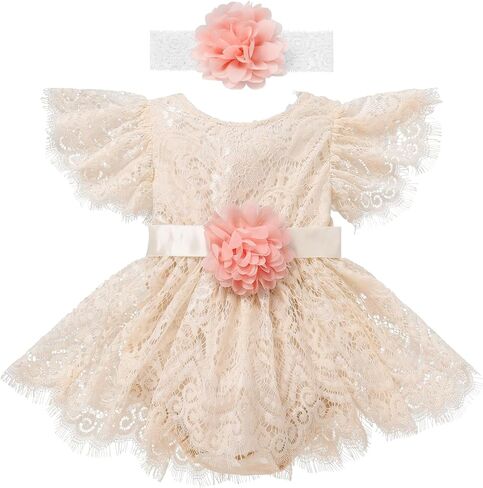 IDOPIP Baby Girls Lace Romper Dress with Headband Newborn Clothes Infant Boho 1st Birthday Outfits Embroidery Pageant Dresses in Saudi Arabia