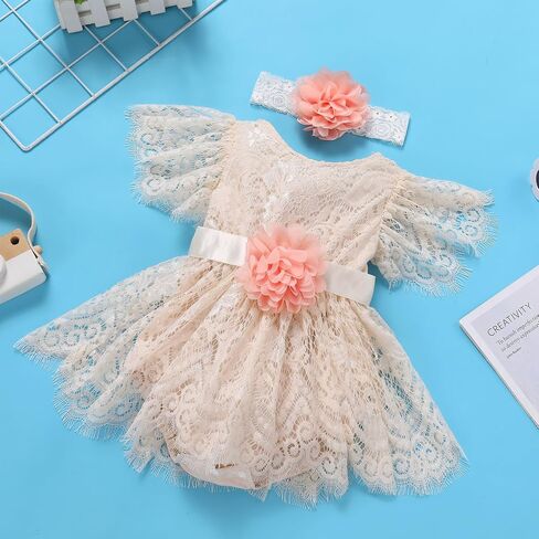 IDOPIP Baby Girls Lace Romper Dress with Headband Newborn Clothes Infant Boho 1st Birthday Outfits Embroidery Pageant Dresses in Saudi Arabia