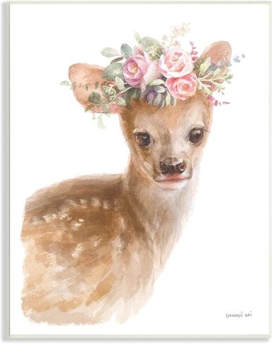 Stupell Industries Young Deer Pink Rose Floral Crown Woodland Animal، تصميم بواسطة Danhui NAI لوحة جدارية، 13 × 19، أبيض in Saudi Arabia