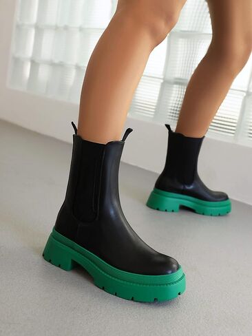 sun gurg Women's Chelsea Ankle Boots Mid-Calf Low Heel Platform Chunky Pull on Booties in Saudi Arabia