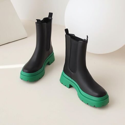 sun gurg Women's Chelsea Ankle Boots Mid-Calf Low Heel Platform Chunky Pull on Booties in Saudi Arabia
