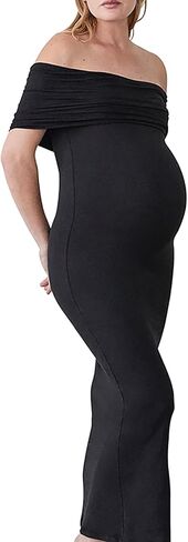 BUMPSUIT Off The Shoulder Maternity Dress for Pregnancy, Stretchy Fabric Foldover Neckline Ladies Long Maternity Maxi Dress in Saudi Arabia