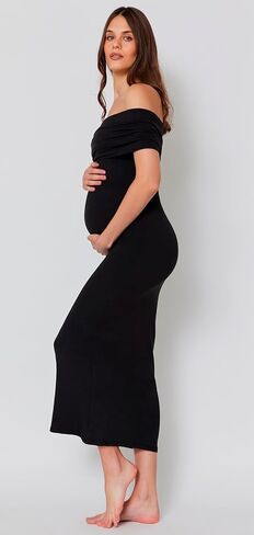 BUMPSUIT Off The Shoulder Maternity Dress for Pregnancy, Stretchy Fabric Foldover Neckline Ladies Long Maternity Maxi Dress in Saudi Arabia