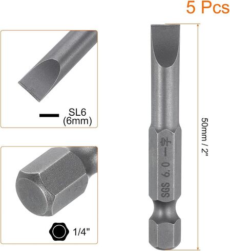 HARFINGTON 5 قطع SL6 رؤوس مفك براغي مشقوقة مغناطيسية 6 مم S2 رأس مفك براغي فولاذية مسطحة 1/4 بوصة ساق سداسية من الدرجة الصناعية لقم ثقب مفك براغي 50 مم (2 بوصة) طويلة للبراغي in Kuwait