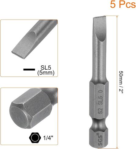 HARFINGTON 5 قطع SL6 رؤوس مفك براغي مشقوقة مغناطيسية 6 مم S2 رأس مفك براغي فولاذية مسطحة 1/4 بوصة ساق سداسية من الدرجة الصناعية لقم ثقب مفك براغي 50 مم (2 بوصة) طويلة للبراغي in Kuwait