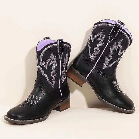 IDIFU IN2 Womens Boots Cowboy Cowgirl Ankle Boots for Women Low Short Block Chunky Heel Western Boots Square Toe Slip On Embroidered Stitched Booties Ladies Comfortable Comfy Cute Fashion Fall Boots in Saudi Arabia