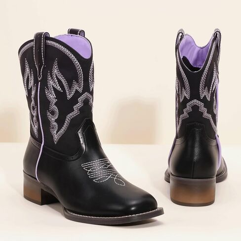 IDIFU IN2 Womens Boots Cowboy Cowgirl Ankle Boots for Women Low Short Block Chunky Heel Western Boots Square Toe Slip On Embroidered Stitched Booties Ladies Comfortable Comfy Cute Fashion Fall Boots in Saudi Arabia