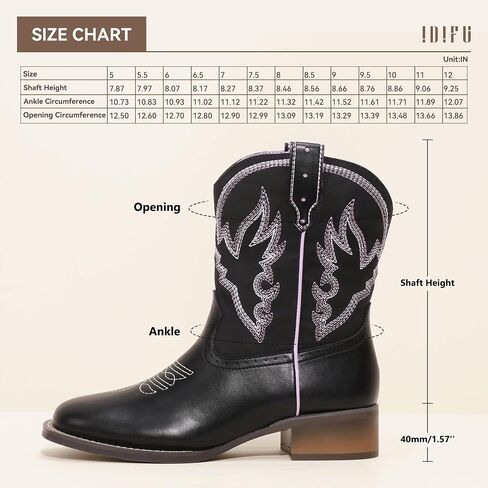 IDIFU IN2 Womens Boots Cowboy Cowgirl Ankle Boots for Women Low Short Block Chunky Heel Western Boots Square Toe Slip On Embroidered Stitched Booties Ladies Comfortable Comfy Cute Fashion Fall Boots in Saudi Arabia