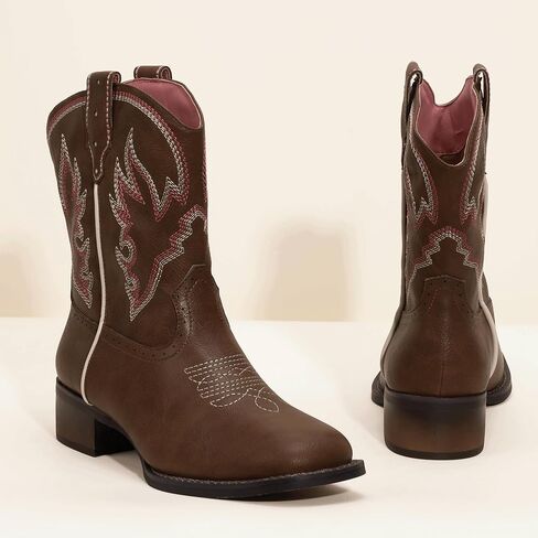 IDIFU IN2 Womens Boots Cowboy Cowgirl Ankle Boots for Women Low Short Block Chunky Heel Western Boots Square Toe Slip On Embroidered Stitched Booties Ladies Comfortable Comfy Cute Fashion Fall Boots in Saudi Arabia