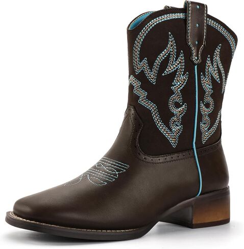IDIFU IN2 Womens Boots Cowboy Cowgirl Ankle Boots for Women Low Short Block Chunky Heel Western Boots Square Toe Slip On Embroidered Stitched Booties Ladies Comfortable Comfy Cute Fashion Fall Boots in Saudi Arabia