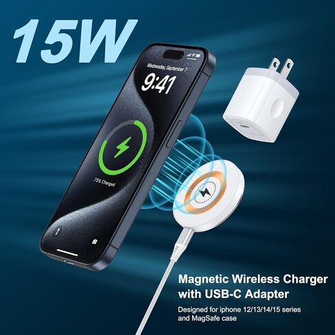 Magnetic Wireless Charger Fast Charging Pad,15W Fast MagSafe Wireless Phone Charger with iPhone 16/16 Pro/16 Plus/16 Pro Max/15/15 Pro/15 Plus/15 Pro Max/14/14 Plus/14 Pro Max/13/12 AirPods 3/2/Pro in Saudi Arabia