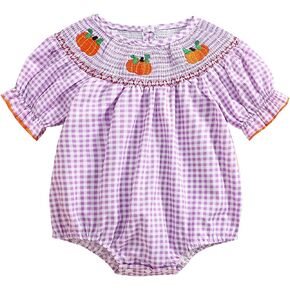 Newborn Baby Girl Halloween Outfit Pumpkin Print Plaid Puff Sleeve Smocked Bubble Romper Jumpsuit Bodysuit Clothes