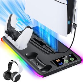 PS5/PS5 Slim Cooling & Charging Station with Cooling Fan,PS5/ PS5 Slim Stand for Disc & Digital Console,PS5 Controller Charger,PS5 / PS5 Slim Accessories with 3 Charging Ports,Headset Holder (White)