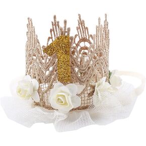 June Bloomy Baby Golden Lace Rose Flower Crown 1st Birthday Headband Princess Tiara
