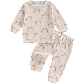 NZNDSHD Fall Baby Girl Clothes Ruffle Long Sleeve Bow Print Sweatshirt Top Pants Set 2Pcs Waffle Knit Outfit