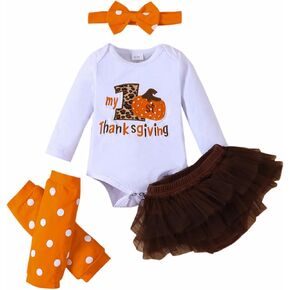 Newborn Baby Girl My 1st Thanksgiving Outfit Romper Top, Mesh Short Pants, Leg warmers with Headband Clothes Set