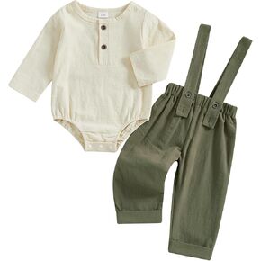 Fall Outfit Infant Baby Boy Gentleman Long Sleeve Linen Romper Shirt Suspender Pants Overall 2Pcs Suit Clothes Set