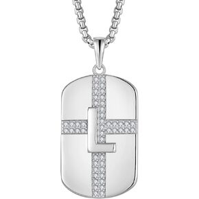 Mens 925 Sterling Silver A-Z Initial Necklace, Cross Cubic Zirconia Dog Tag Pendant Necklace for Men, 24" Rolo Chain Initial Jewelry