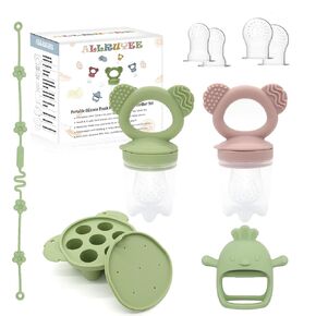 Baby Fruit Feeder & Mini Freezer Tray Combo with Baby Teether, Breastmilk Popsicle Molds for Teething Relief, Fresh Food Feeder for Safe Infant Self-Feeding, Extra Food Pouches(Blue&Green)