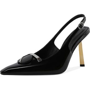 Women's Square Toe Slingback Pumps Stilettos High Heel Metal Buckle Shoes Evening 4 Inch Dress Shoes