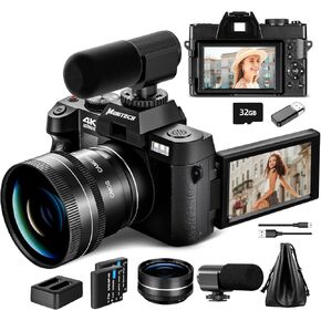 Mo Digital Cameras for Photography & 4K Video, 48 MP Vlogging Camera for YouTube with 180° Flip Screen,16X Digital Zoom,Flash & Autofocus,52mm Wide Angle & Macro Lens,2 Batteries,32GB SD Card