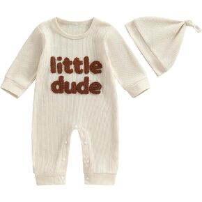 NZNDSHD Baby Boy Romper Fall Clothes Long Sleeve Waffle Knit Jumpsuit Mamas Boy Little Dude Embroidered Bodysuit with Hat