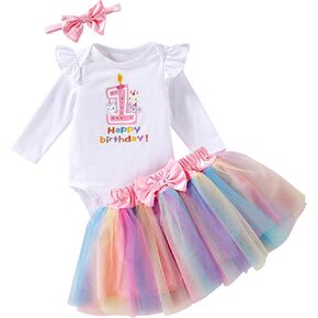 Winmany Baby Girl 1st Birthday TuTu Skirt Set Long Sleeve Romper First Birthday Smash Cake Outfits Party Dress Set