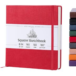 كتب Beechmore Books كتاب رسم فني، مربع 156 صفحة 8 × 8 بوصة، دفتر رسم فني بغلاف جلدي، لوحة رسم فارغة للرسم، مستلزمات الطلاء، ورق كريمي سميك 160 جرامًا للمتر المربع، محاصر للهدايا