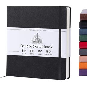 BEECHMORE BOOKS Art Sketch Book, Square 156 Pages 8 x 8 inch, Hardcover Leather Artist Sketchbook, Blank Sketch Pad for Drawing, Painting Supplies, Thick 160gsm Cream Paper, Boxed for Gifts