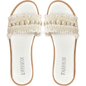 Verdusa Women's Pearl Flat Sandals Open Toe Tweed Slides Leather Slip On Sandals