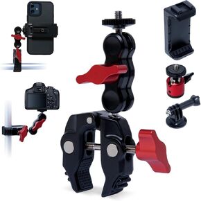 POWERTEC Super Clamp Camera Mount 360° Double Ball Head Adapter with GoPro/Phone Tripod Mount and Tripod Head for Bike, Desk, Mini Projector, Photography Lighting (71925)