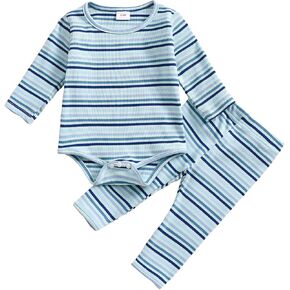 Emmababy Baby Girl Boy Fall Clothes Striped Romper Long Sleeve Bodysuit Ribbed Knit Pants Set Infant Winter Outfit 0-18 Month