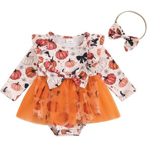Lesimsam Newborn Baby Girl Halloween Outfit Pumpkin Romper Dress Ruffle Long Sleeve Tulle Tutu Bodysuit Jumpsuit Headband Set