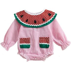 Winioder Newborn Baby Girl Watermelon Outfits Cute Smocked Long Sleeve Bubble Romper Jumpsuit Infant One Pieces Fall Clothes