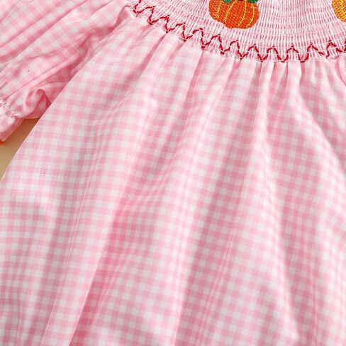 Newborn Baby Girl Halloween Outfit Pumpkin Print Plaid Puff Sleeve Smocked Bubble Romper Jumpsuit Bodysuit Clothes in Saudi Arabia