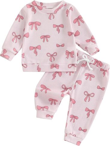 NZNDSHD Fall Baby Girl Clothes Ruffle Long Sleeve Bow Print Sweatshirt Top Pants Set 2Pcs Waffle Knit Outfit in Saudi Arabia