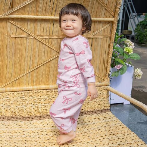 NZNDSHD Fall Baby Girl Clothes Ruffle Long Sleeve Bow Print Sweatshirt Top Pants Set 2Pcs Waffle Knit Outfit in Saudi Arabia