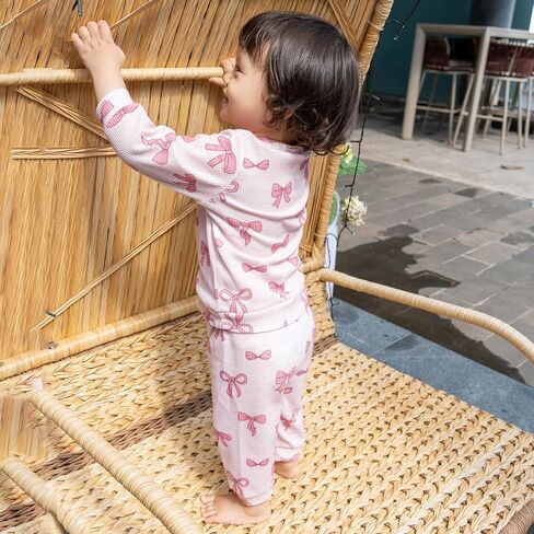 NZNDSHD Fall Baby Girl Clothes Ruffle Long Sleeve Bow Print Sweatshirt Top Pants Set 2Pcs Waffle Knit Outfit in Saudi Arabia