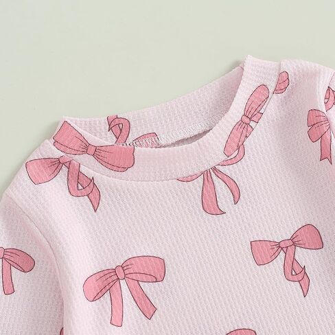 NZNDSHD Fall Baby Girl Clothes Ruffle Long Sleeve Bow Print Sweatshirt Top Pants Set 2Pcs Waffle Knit Outfit in Saudi Arabia