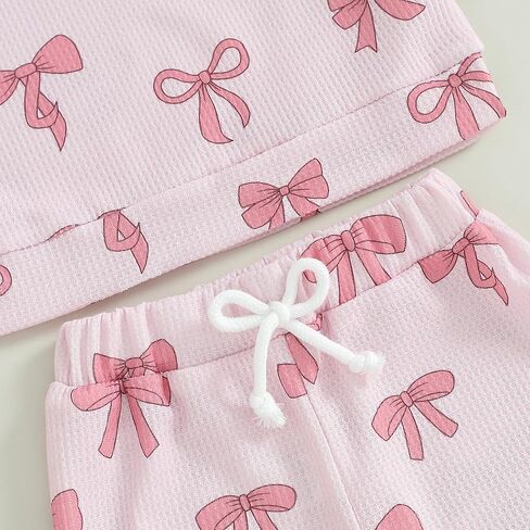 NZNDSHD Fall Baby Girl Clothes Ruffle Long Sleeve Bow Print Sweatshirt Top Pants Set 2Pcs Waffle Knit Outfit in Saudi Arabia