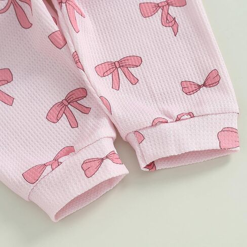NZNDSHD Fall Baby Girl Clothes Ruffle Long Sleeve Bow Print Sweatshirt Top Pants Set 2Pcs Waffle Knit Outfit in Saudi Arabia