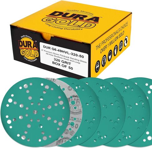 Dura-Gold Premium 1500 Grit 6" Green Film Sanding Discs, 49-Hole Pattern, Box of 50 - Heavy-Duty Dustless Hook & Loop Backing Sandpaper for DA, Random Orbital Sander, Detail Color Sand Auto Paint Wood in Kuwait
