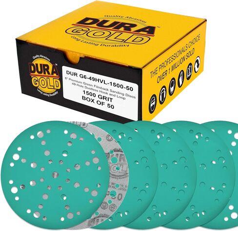 Dura-Gold Premium 1500 Grit 6" Green Film Sanding Discs, 49-Hole Pattern, Box of 50 - Heavy-Duty Dustless Hook & Loop Backing Sandpaper for DA, Random Orbital Sander, Detail Color Sand Auto Paint Wood in Kuwait