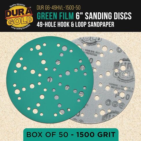 Dura-Gold Premium 1500 Grit 6" Green Film Sanding Discs, 49-Hole Pattern, Box of 50 - Heavy-Duty Dustless Hook & Loop Backing Sandpaper for DA, Random Orbital Sander, Detail Color Sand Auto Paint Wood in Kuwait